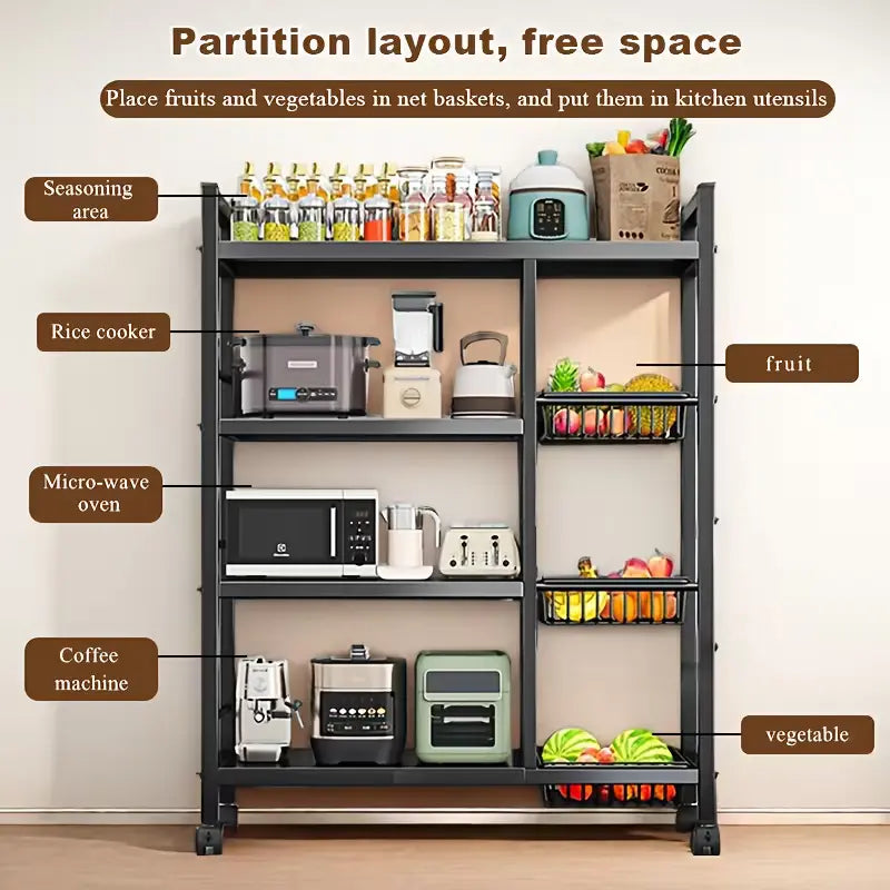 4-Tier Multifunctional Storage Rack Space-Saving Organizer with Baskets for Home Kitchen