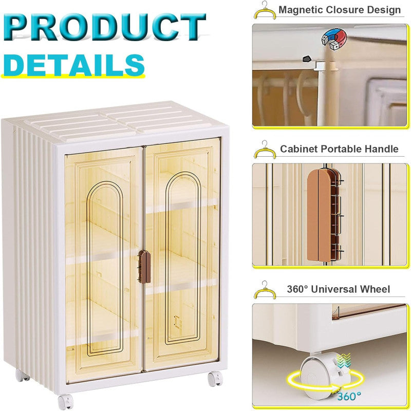 Small Wardrobe Closet, Folding Storage Bins with Doors, Portable Wardrobe with Wheels, Stackable Storage for Bedroom Dorm, Plastic Wardrobe for Hanging Clothes