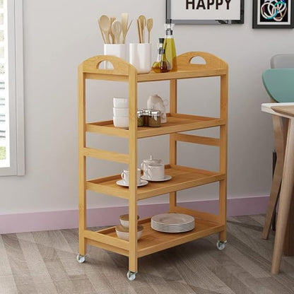 Bamboo Kitchen Island Cart, Rolling Kitchen Trolley with 3/4 Shelves for Living Room, Bathroom