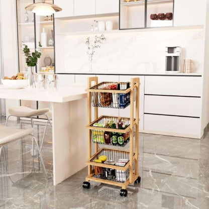 3-Tier Movable Wooden Storage Cart, Multi-Function Organizer for Home, Office, Kitchen, Bedside Snack Coffee Trolley