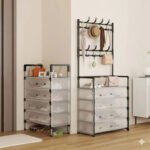 Entryway Organization Unit with Coat Rack and Shoe Storage – Black Metal Frame - Image 2